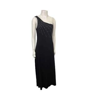 Vintage One Shoulder Black Evening Dress Rhinestone Asymmetrical Gown / medium -